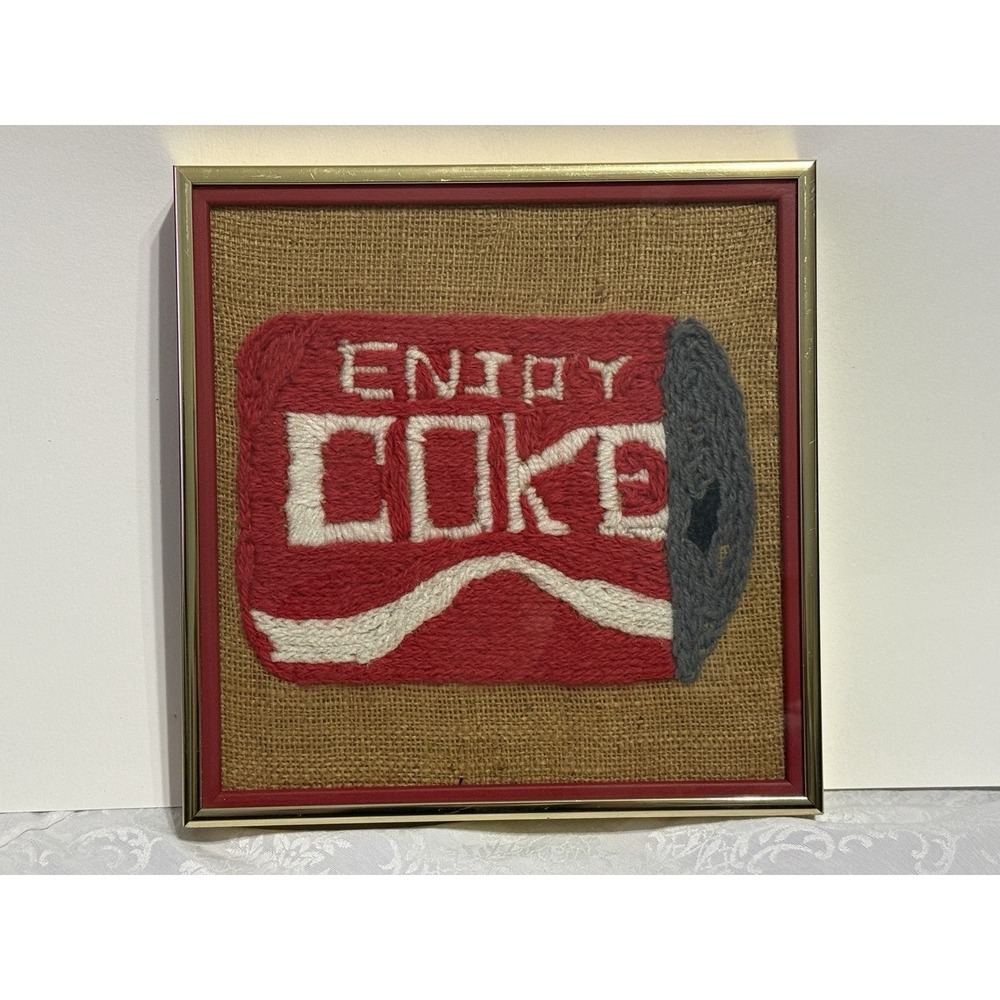 VTG Folk Art Original Enjoy Coca-Cola Framed Needlepoint Fiber On Burlap 11"x11" - Picture 1 of 9